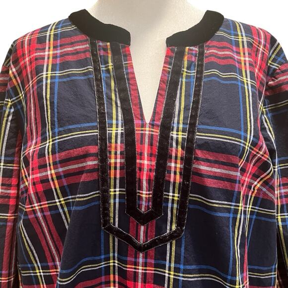 Talbots Velvet Trim Top Red Plaid Long Sleeve Split Neck Womens XL Christmas - Picture 2 of 12